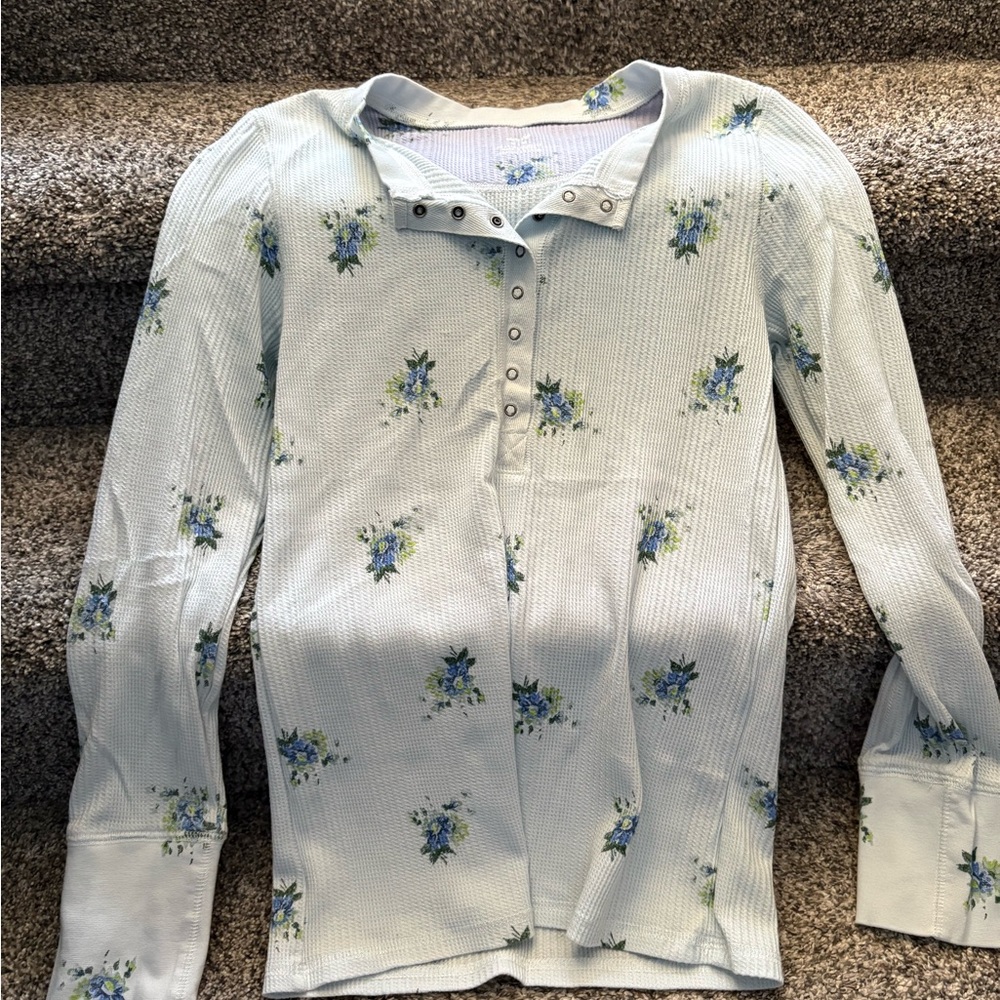 Aerie Blue Floral Henley Top